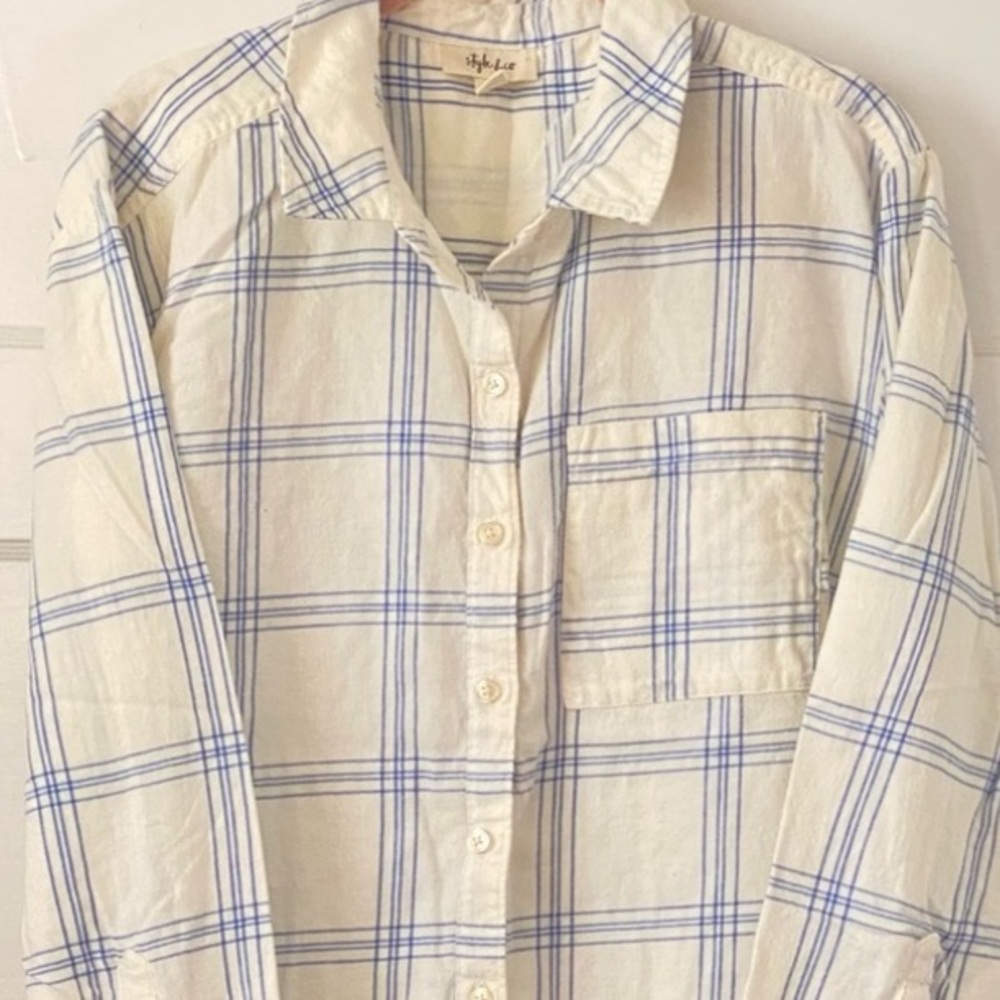Style & Co. Blue & White Plaid Flannel Long Sleeve Top Size 2X